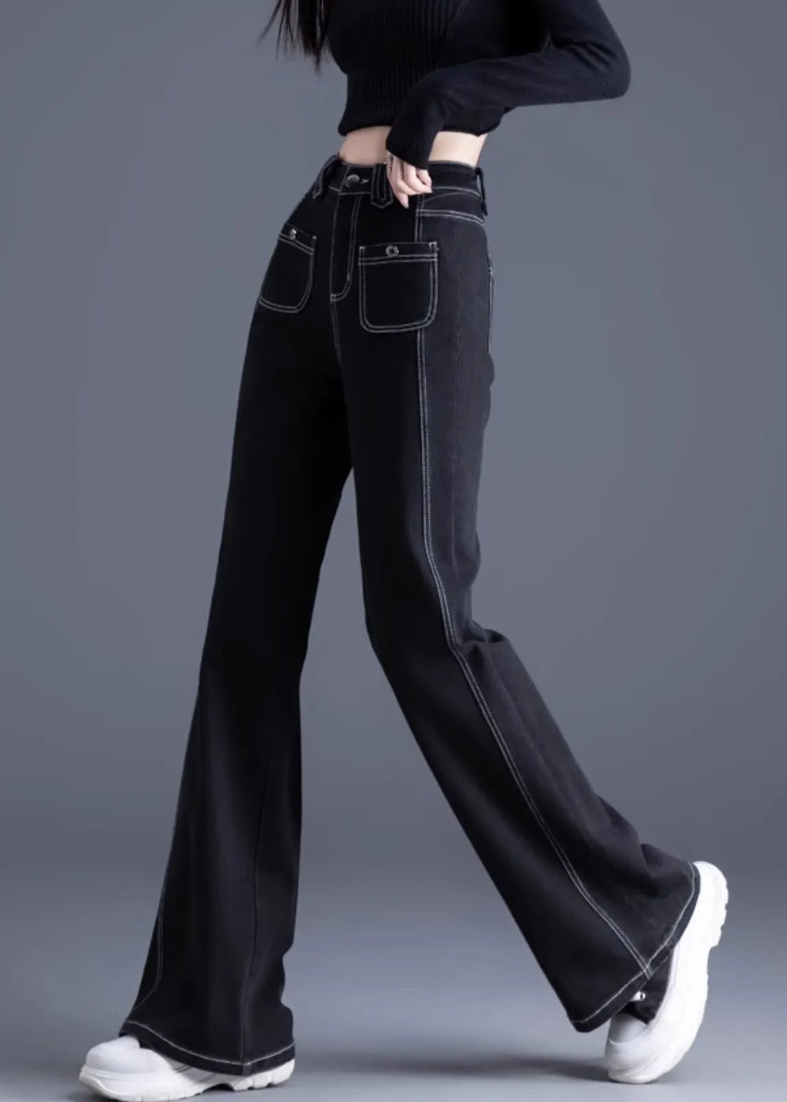 Silm Fit Black Pockets Patchwork Warm Fleece Denim Bell-bottom Trousers Winter