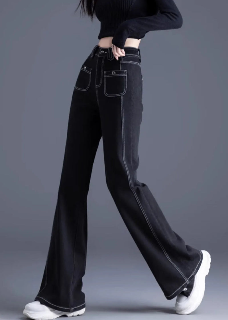Silm Fit Black Pockets Patchwork Warm Fleece Denim Bell-bottom Trousers Winter
