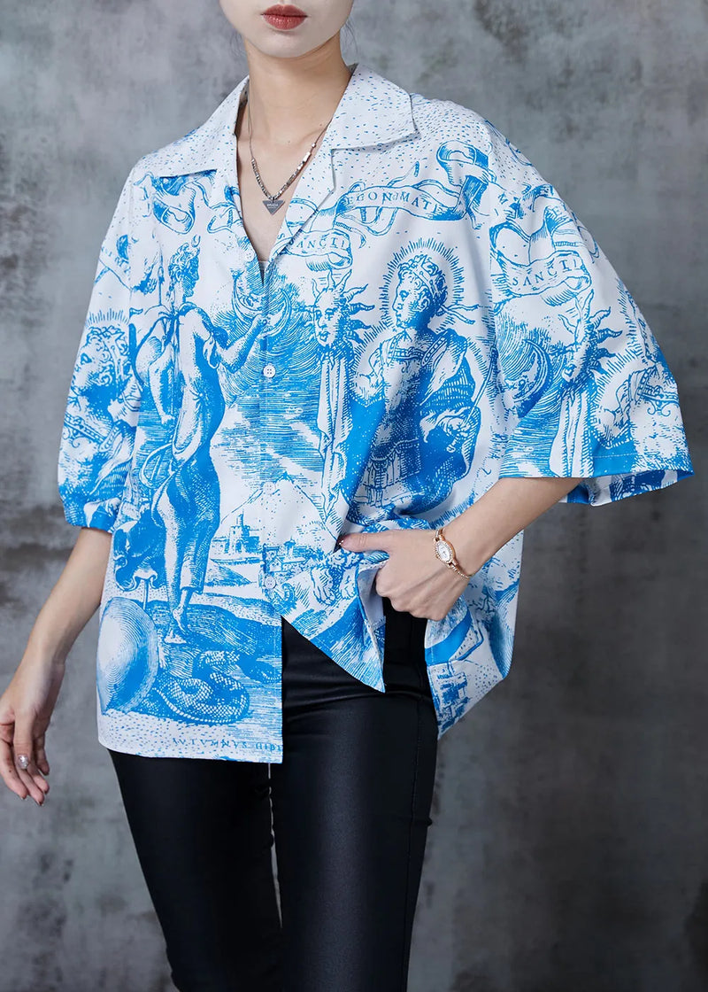 French Blue Oversized Print Chiffon Shirt Tops Summer