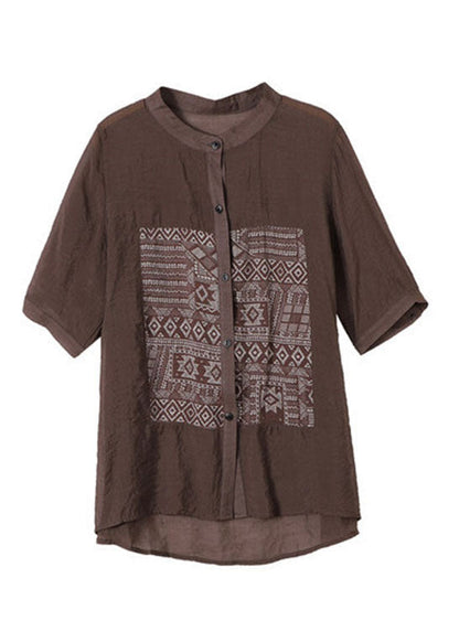 Coffee Stand Collar Print Patchwork Cotton Top Short Sleeve