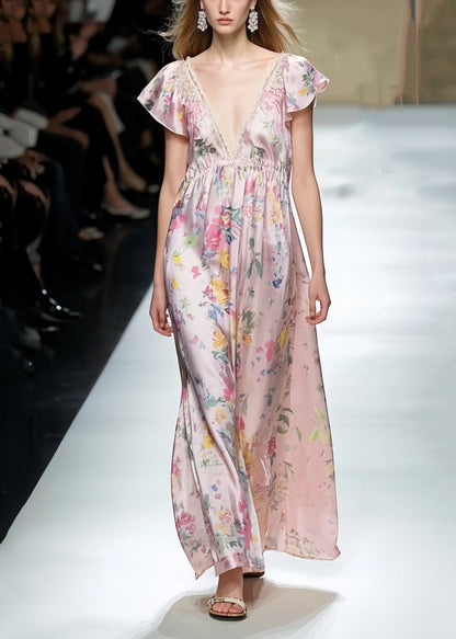 Modern Pink Print Silk Vacation Dresses Cinched Sleeveless
