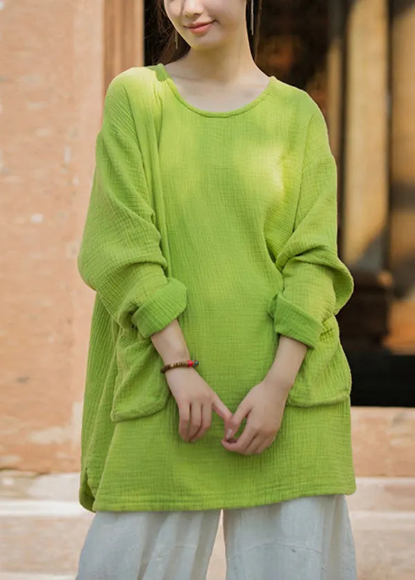 Green O Neck Pockets Cotton T Shirt Top Spring