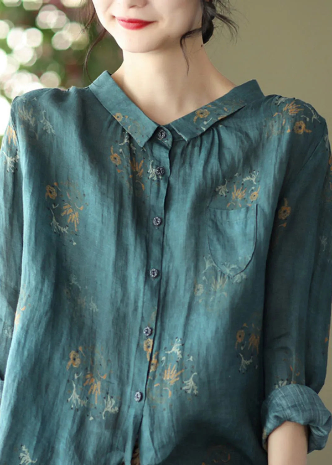 Retro Peacock Purple Peter Pan Collar Print Button Wrinkled Shirts Long Sleeve