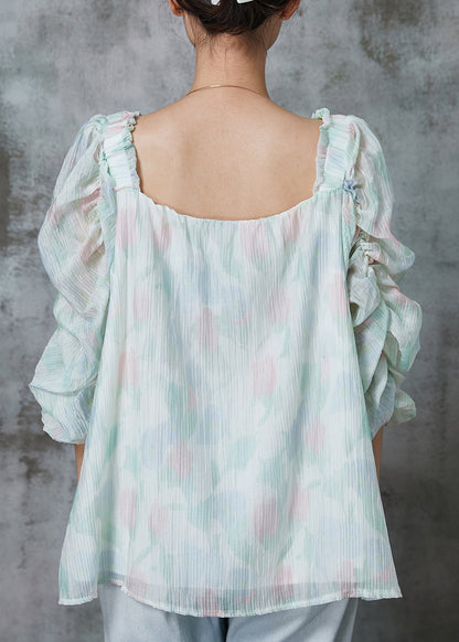 Light Green Square Collar Puff Sleeve Chiffon Blouses