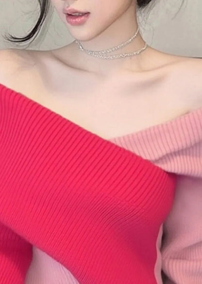 Stylish Colorblock Cold Shoulder Patchwork Knit Sweaters Fall