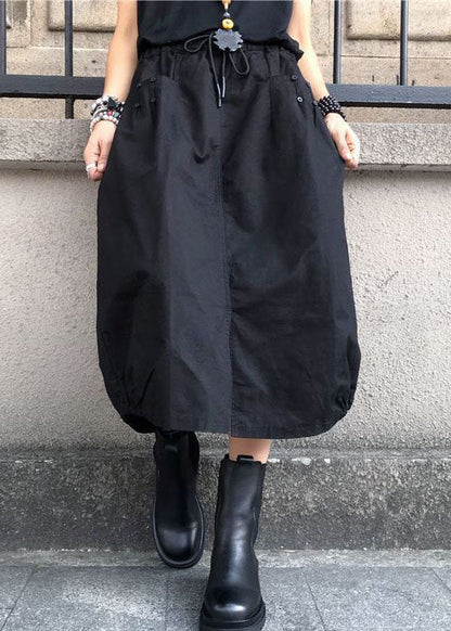 Black Wrinkled Pockets Elastic Waist Cotton Skirts Spring