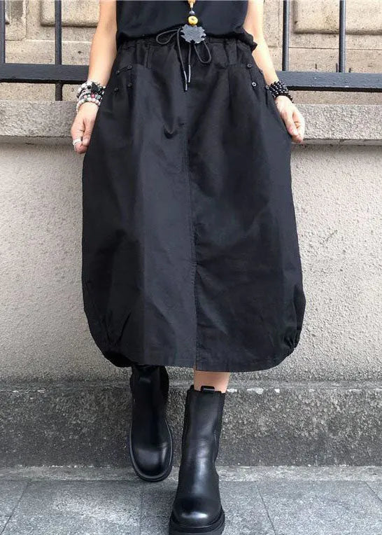 Black Wrinkled Pockets Elastic Waist Cotton Skirts Spring