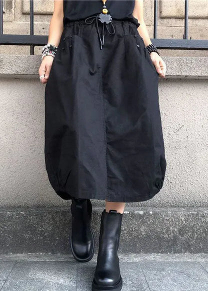Black Wrinkled Pockets Elastic Waist Cotton Skirts Spring