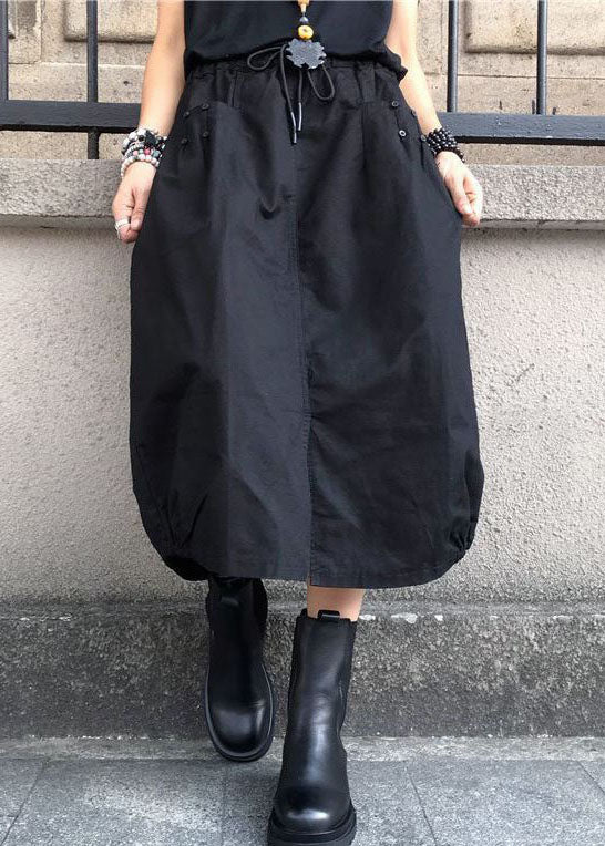 Black Wrinkled Pockets Elastic Waist Cotton Skirts Spring