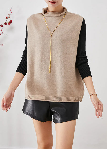 Khaki Turtle Neck Thick Wool Knit Vests Winter