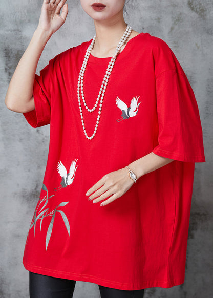 Red Oversized Red-crowned Crane Print Cotton Tops Summer