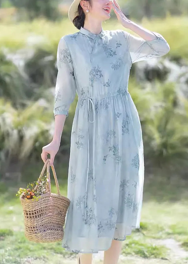 Blue Print Drawstring Chiffon Long Dress Summer