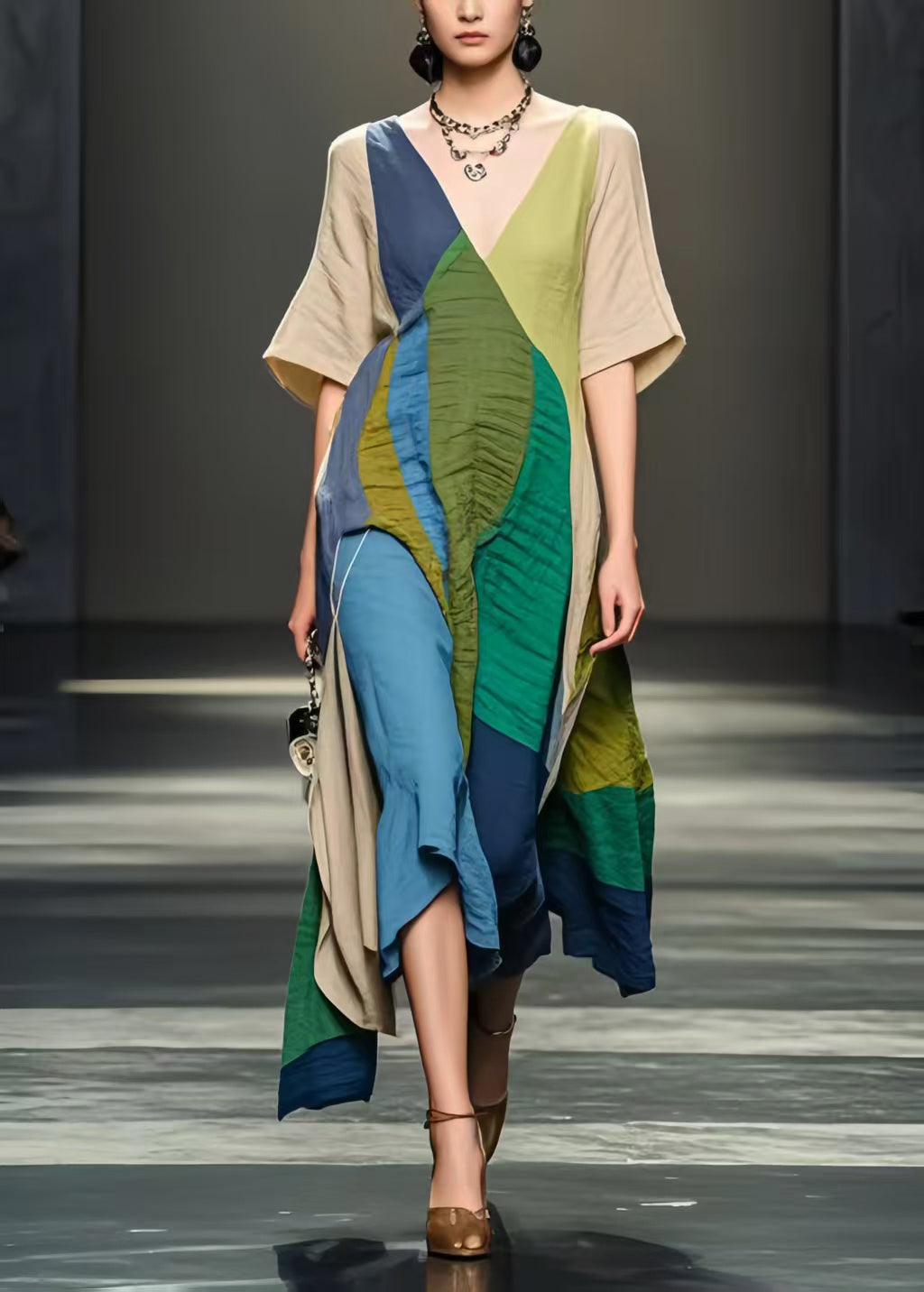 Colorblock Asymmetrical Design Wrinkled Cotton Dresses Summer