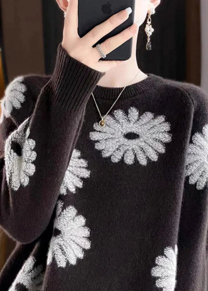 Loose Coffee O-neck Print Wool Knit Sweaters Fall