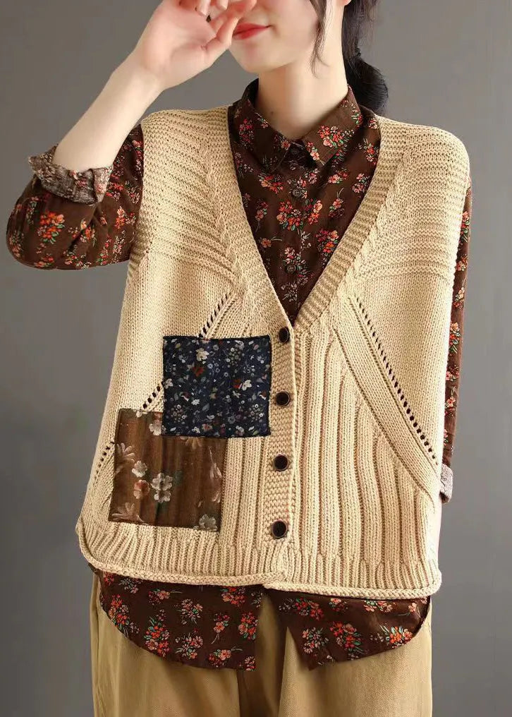 Orange Button Patchwork Cozy Cotton Knit Waistcoat Sleeveless