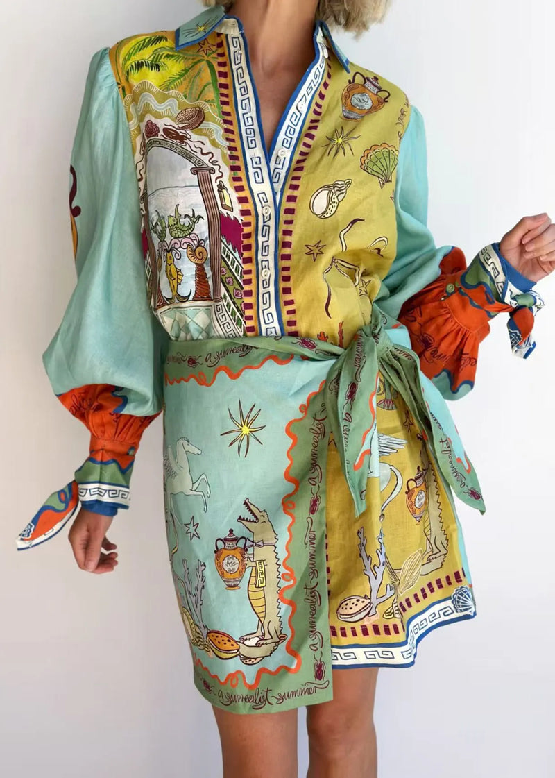 Asymmetrical Print Lace Up Cotton Dress Long Sleeve