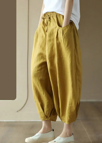 White Wrinkled Tie Waist Linen Lantern Pants Summer