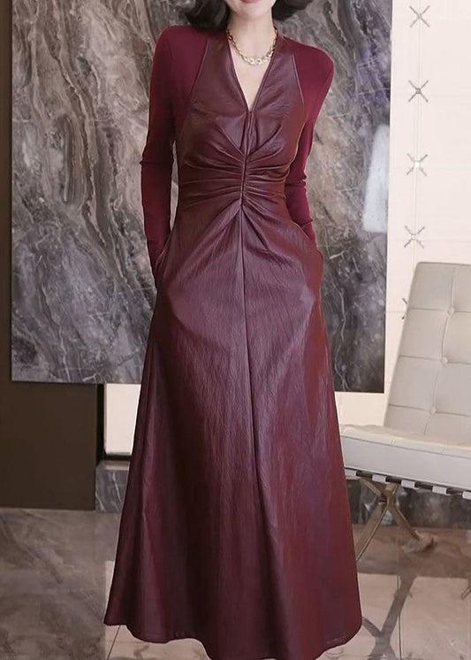 Mulberry V Neck Patchwork Faux Leather Dresses Fall