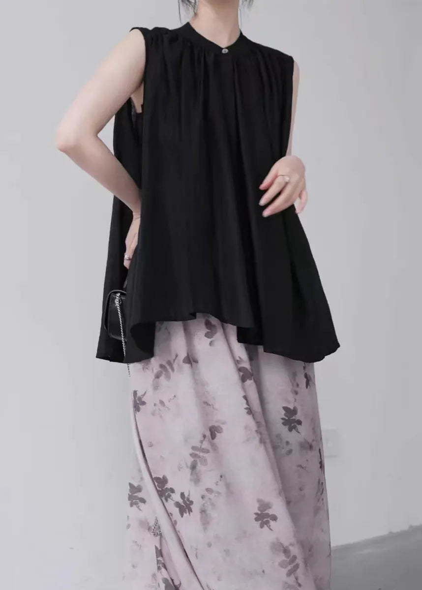 Organic Black Stand Collar Cotton a Line Shirt Sleeveless