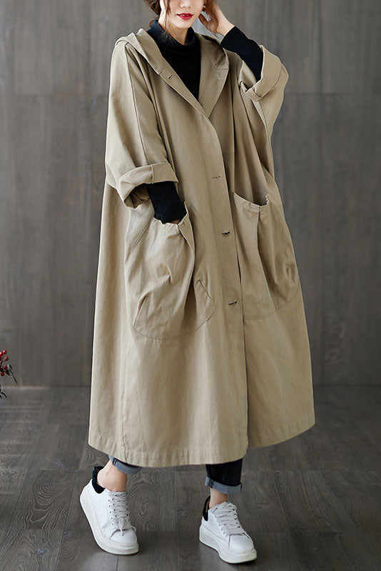 - Spring Loose Large Pocket Hooded Trench Coat