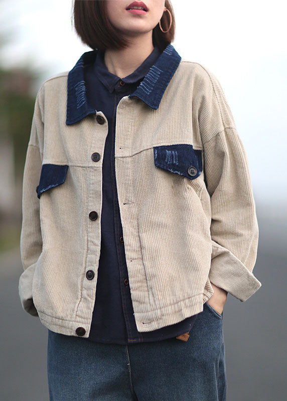 Apricot Peter Pan Collar Button Pockets Patchwork Corduroy Coats Long Sleeve