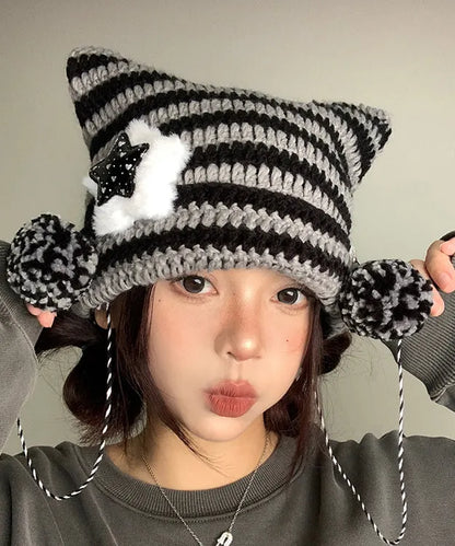 Striped Knitted Cat Ear Boonie Hat Autumn and Winter