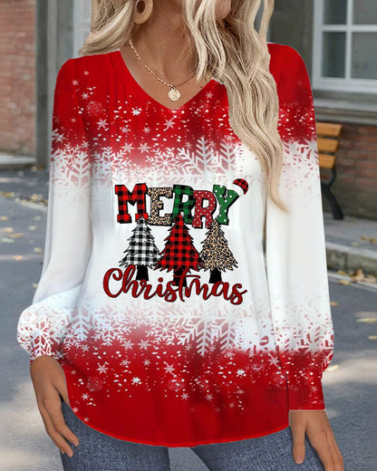 V-Neck Christmas Tree Print Long-Sleeve