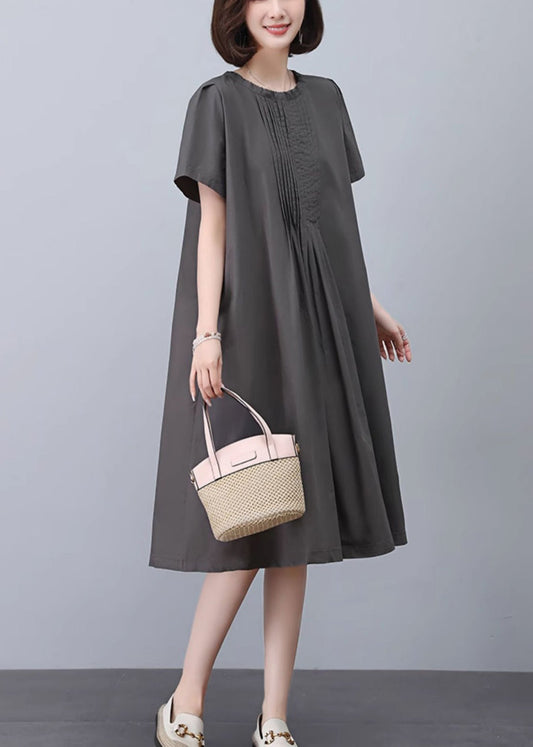 Grey O-neck Cotton Dresses Summer
