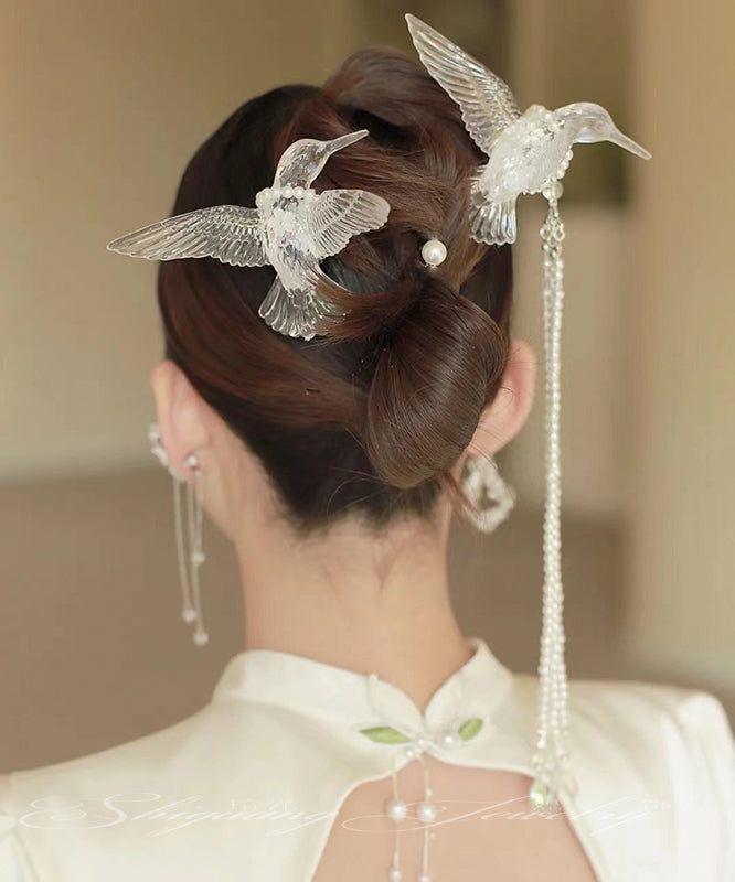 White Alloy Pearl Resin Magpie Tassel Hairpin