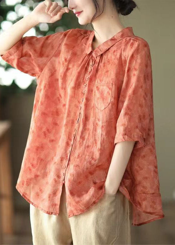 Diy Red Peter Pan Collar Print Patchwork Linen Blouses Summer