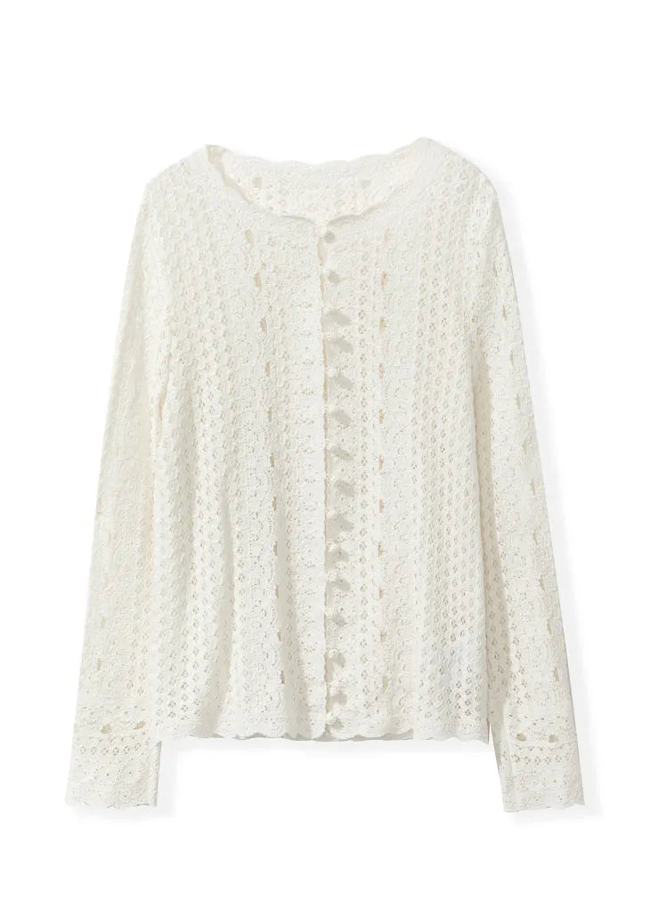 Beige O Neck Hollow Out Knit Cardigan Fall