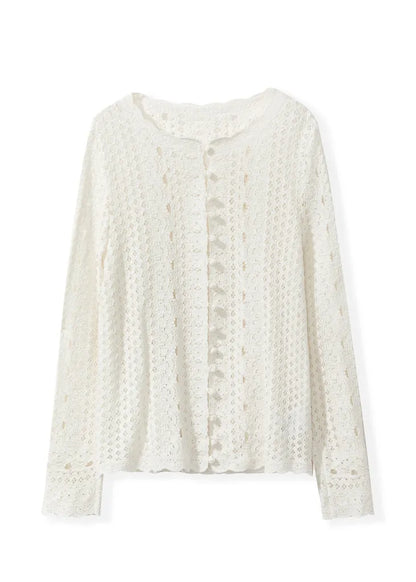 Beige O Neck Hollow Out Knit Cardigan Fall