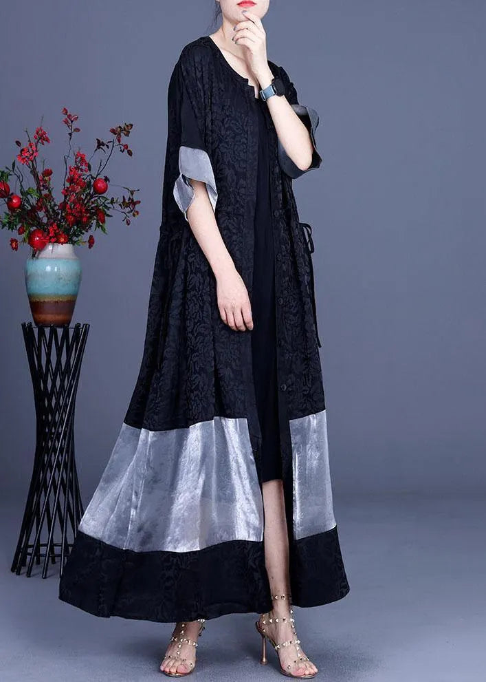 Black Jacquard Patchwork Silk Cardigans Long