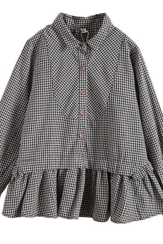 Limited Stock- Loose Plaid Ruffle Splicing Cotton Linen Shirt