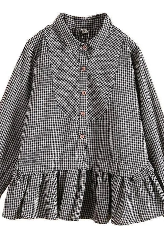 Limited Stock- Loose Plaid Ruffle Splicing Cotton Linen Shirt