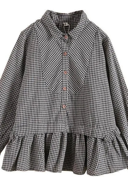 Limited Stock- Loose Plaid Ruffle Splicing Cotton Linen Shirt