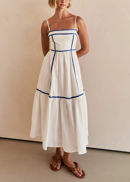 Simple White Wrinkled Patchwork Cotton Long Dresses Summer