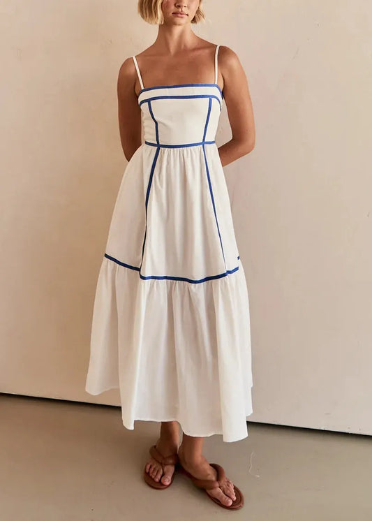 Simple White Wrinkled Patchwork Cotton Long Dresses Summer