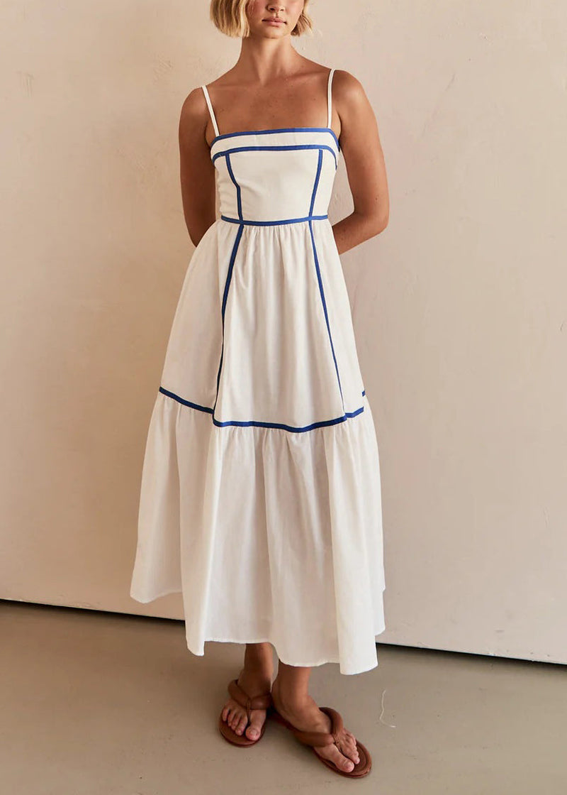 Simple White Wrinkled Patchwork Cotton Long Dresses Summer