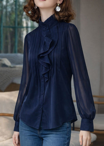 Stylish Navy Ruffled Wrinkled Chiffon Top Spring