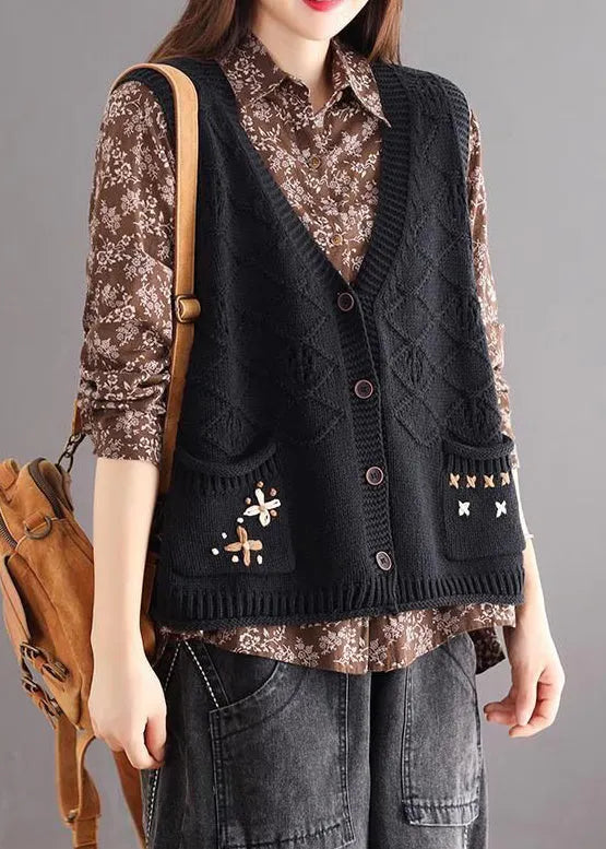 Black Button Patchwork Cozy Cotton Knit Waistcoat V Neck Fall