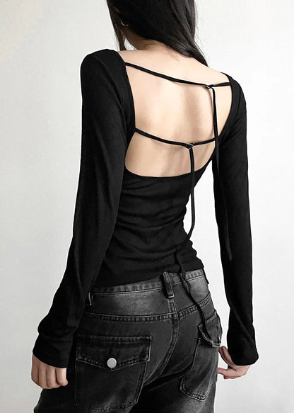 Unique Grey Asymmetrical Backless Hollow Out Top Long Sleeve