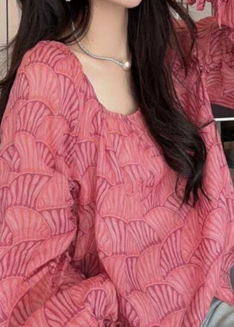 Rose O Neck Print Cinched Cotton Blouses Lantern Sleeve