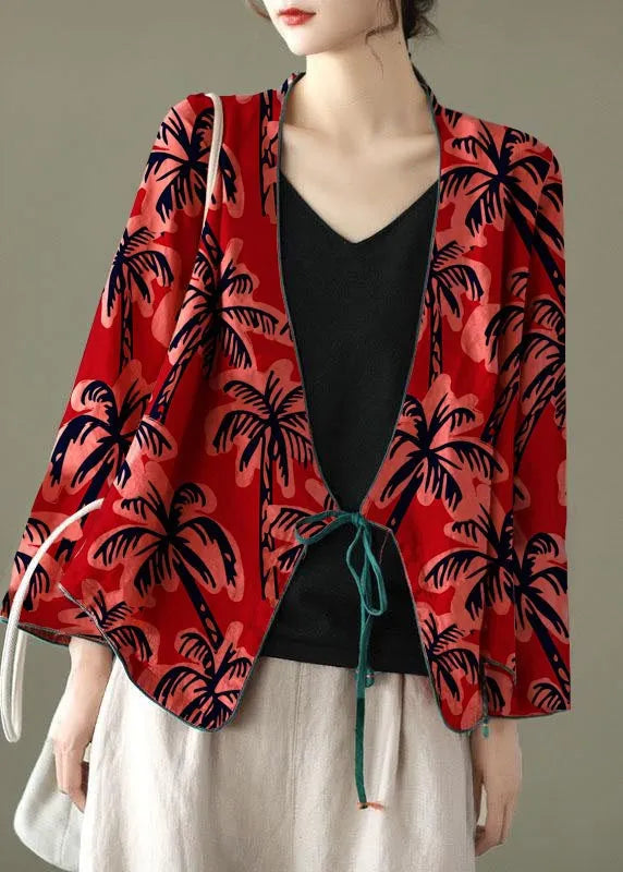 Red-fan Pattern Embroidered Long Sleeve Linen Shirt