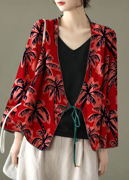 Red-fan Pattern Embroidered Long Sleeve Linen Shirt