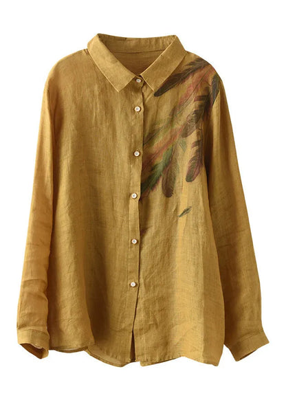 White Peter Pan Collar Print Ramie Shirts Spring
