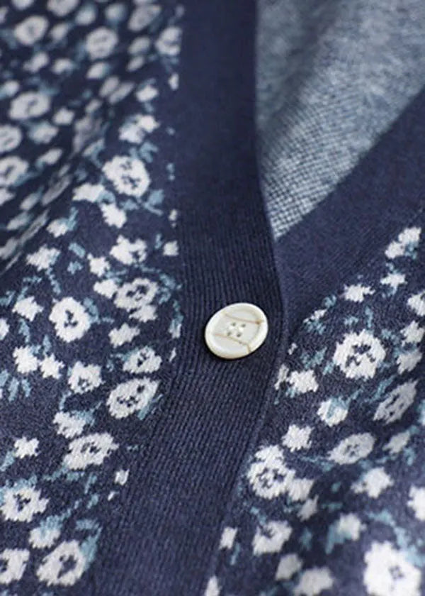Blue V Neck Print Button Knit Cardigans Spring