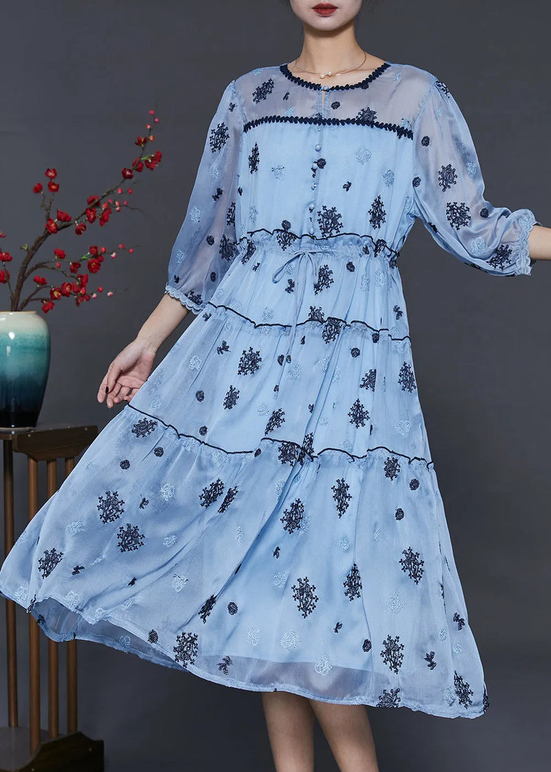 Sea Blue Embroidered Silk Cinched Dress Summer