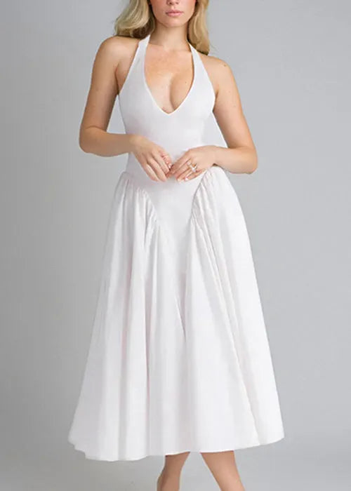 New White V Neck Pockets Cotton Dress Sleeveless