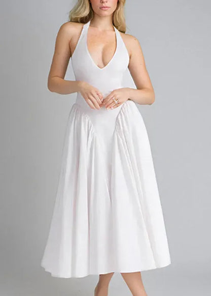 New White V Neck Pockets Cotton Dress Sleeveless